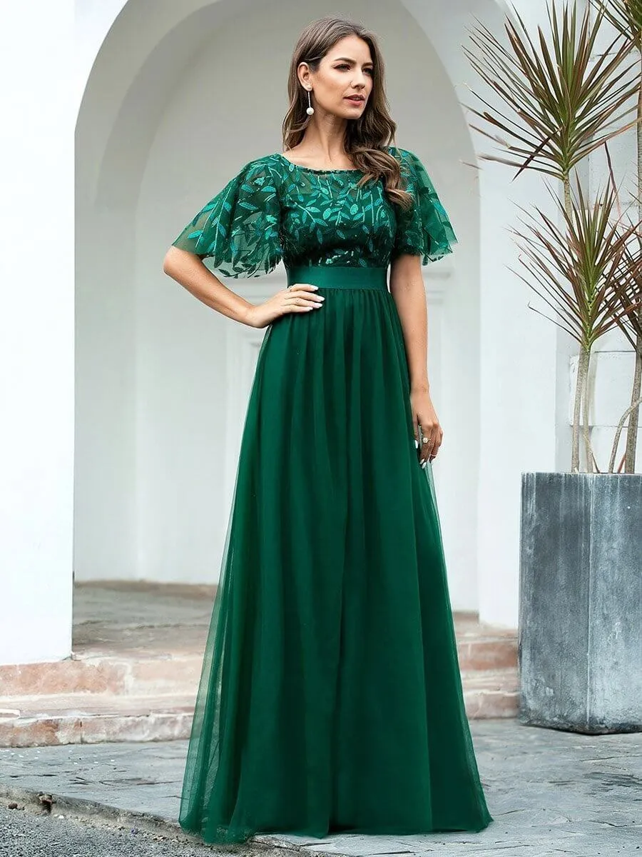 Georgia flutter sleeve leaf patterned tulle bridesmaid dress darker colors