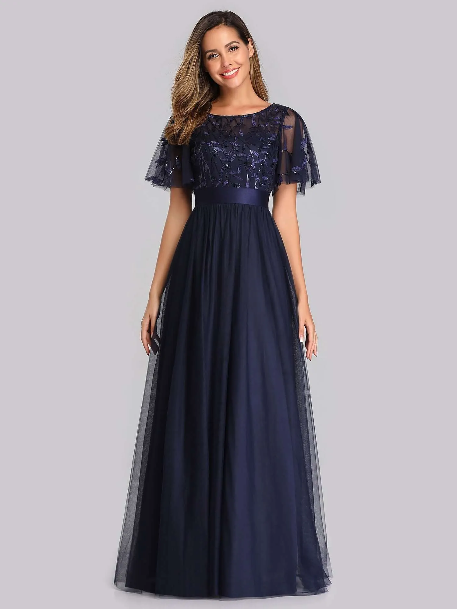 Georgia flutter sleeve leaf patterned tulle bridesmaid dress darker colors