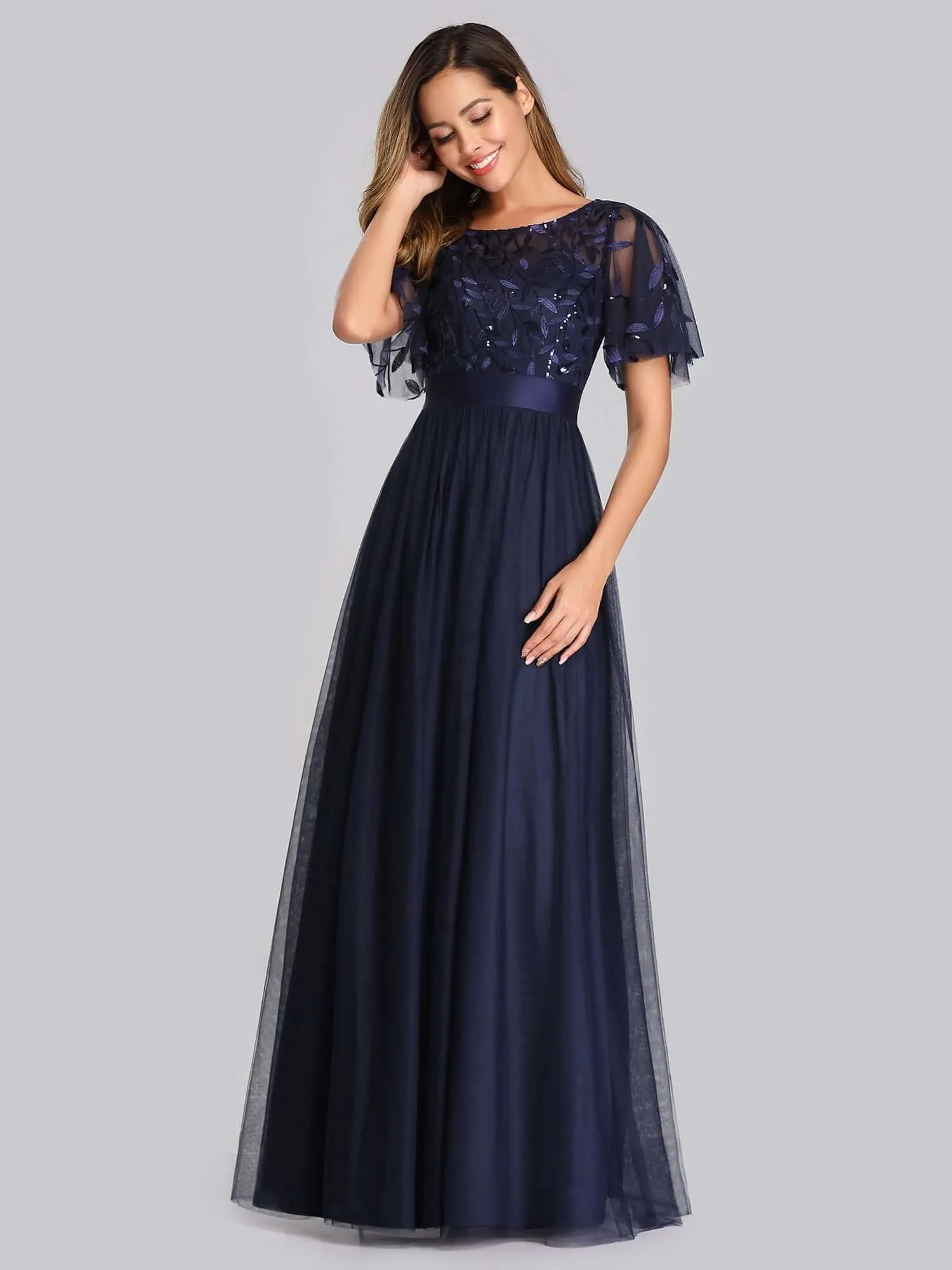 Georgia flutter sleeve leaf patterned tulle bridesmaid dress darker colors
