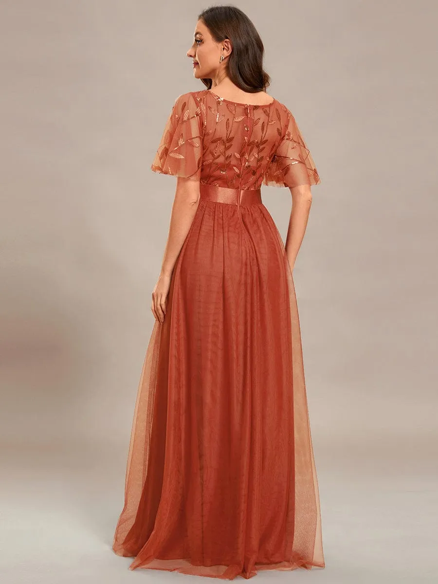 Georgia flutter sleeve leaf patterned tulle bridesmaid dress darker colors