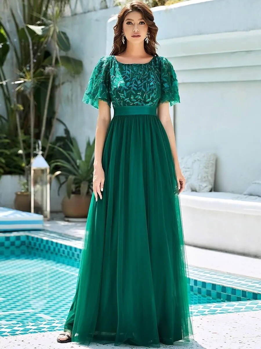 Georgia flutter sleeve leaf patterned tulle bridesmaid dress darker colors
