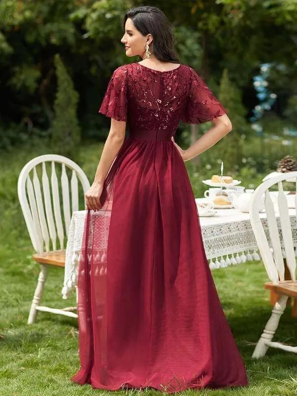 Georgia flutter sleeve leaf patterned tulle bridesmaid dress darker colors