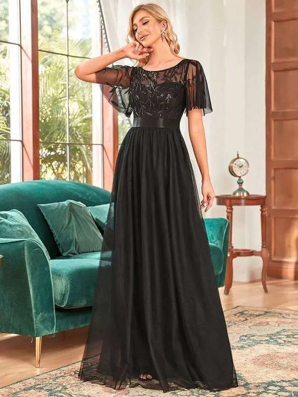 Georgia flutter sleeve leaf patterned tulle bridesmaid dress darker colors