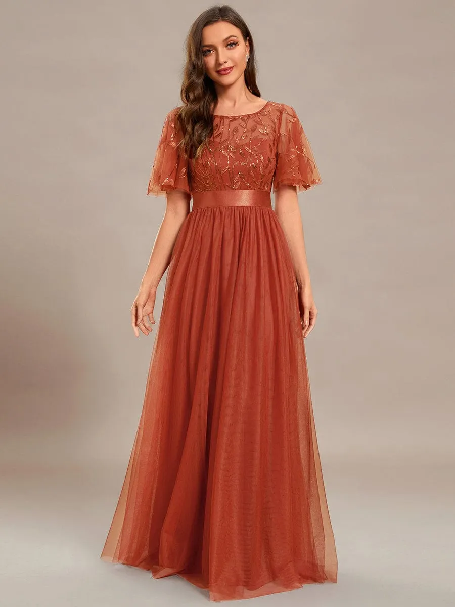 Georgia flutter sleeve leaf patterned tulle bridesmaid dress darker colors