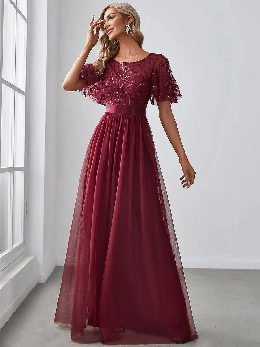 Georgia flutter sleeve leaf patterned tulle bridesmaid dress darker colors