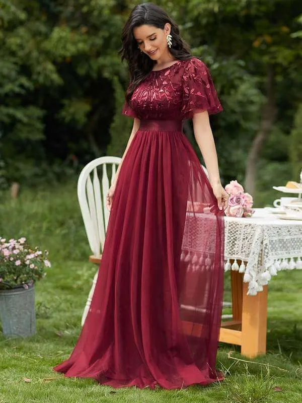 Georgia flutter sleeve leaf patterned tulle bridesmaid dress darker colors