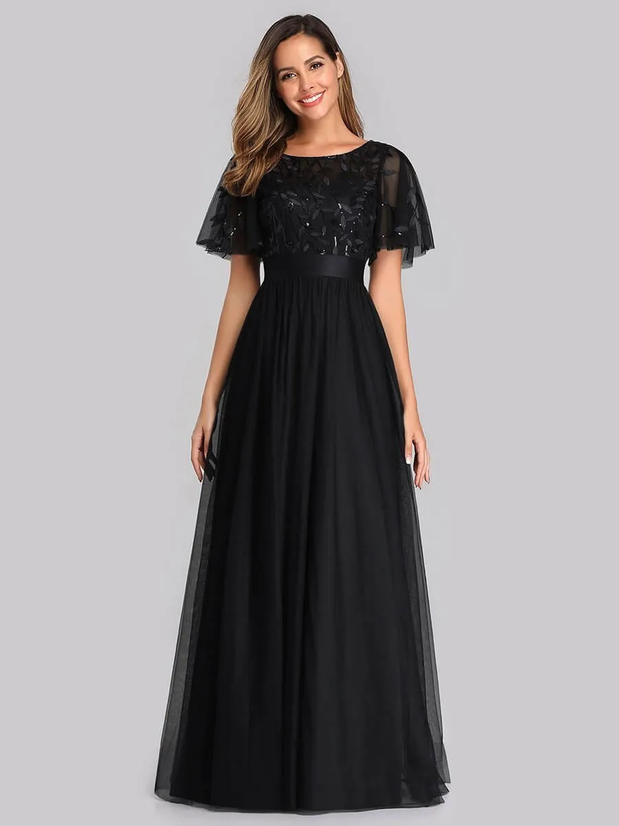 Georgia flutter sleeve leaf patterned tulle bridesmaid dress darker colors