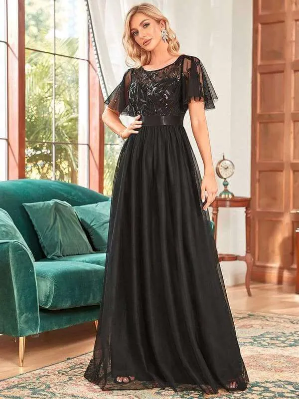 Georgia flutter sleeve leaf patterned tulle bridesmaid dress darker colors