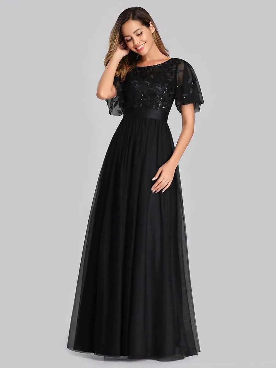 Georgia flutter sleeve leaf patterned tulle bridesmaid dress darker colors