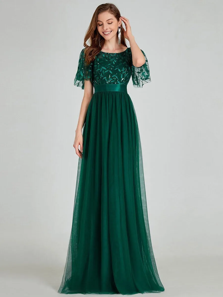 Georgia flutter sleeve leaf patterned tulle bridesmaid dress darker colors