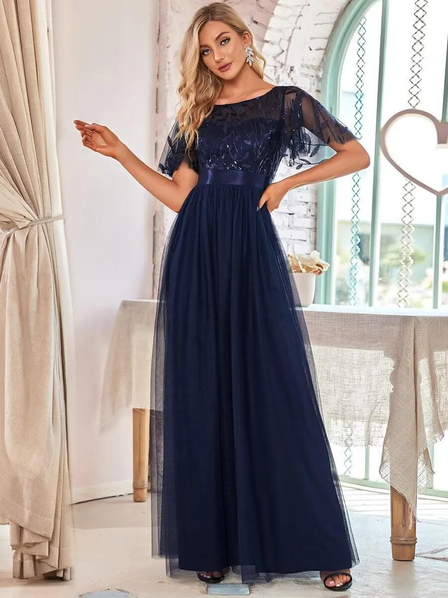 Georgia flutter sleeve leaf patterned tulle bridesmaid dress darker colors
