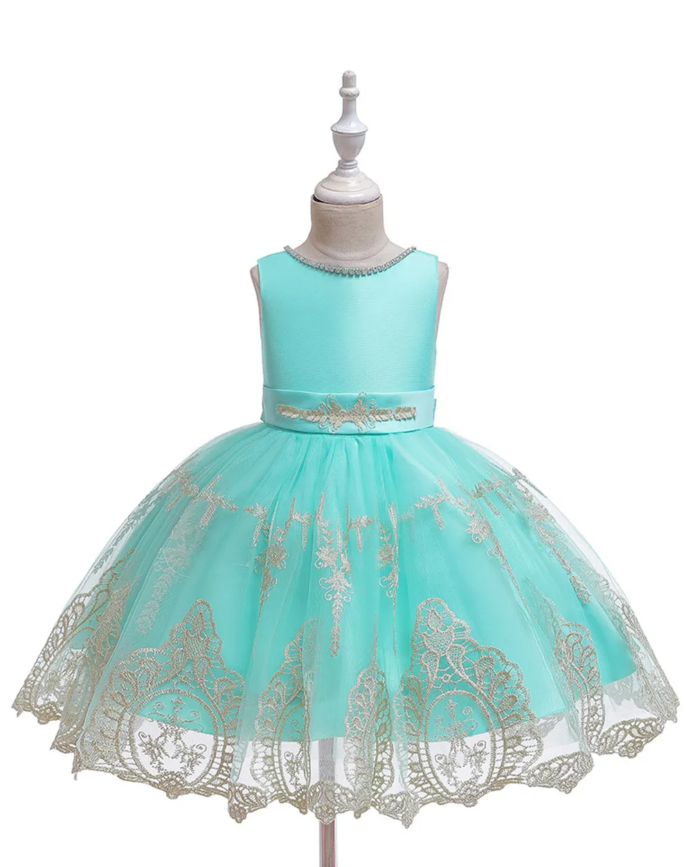 Girls Sleeveless Embroidered Wedding Dress Up Knee-length Pageant Dress