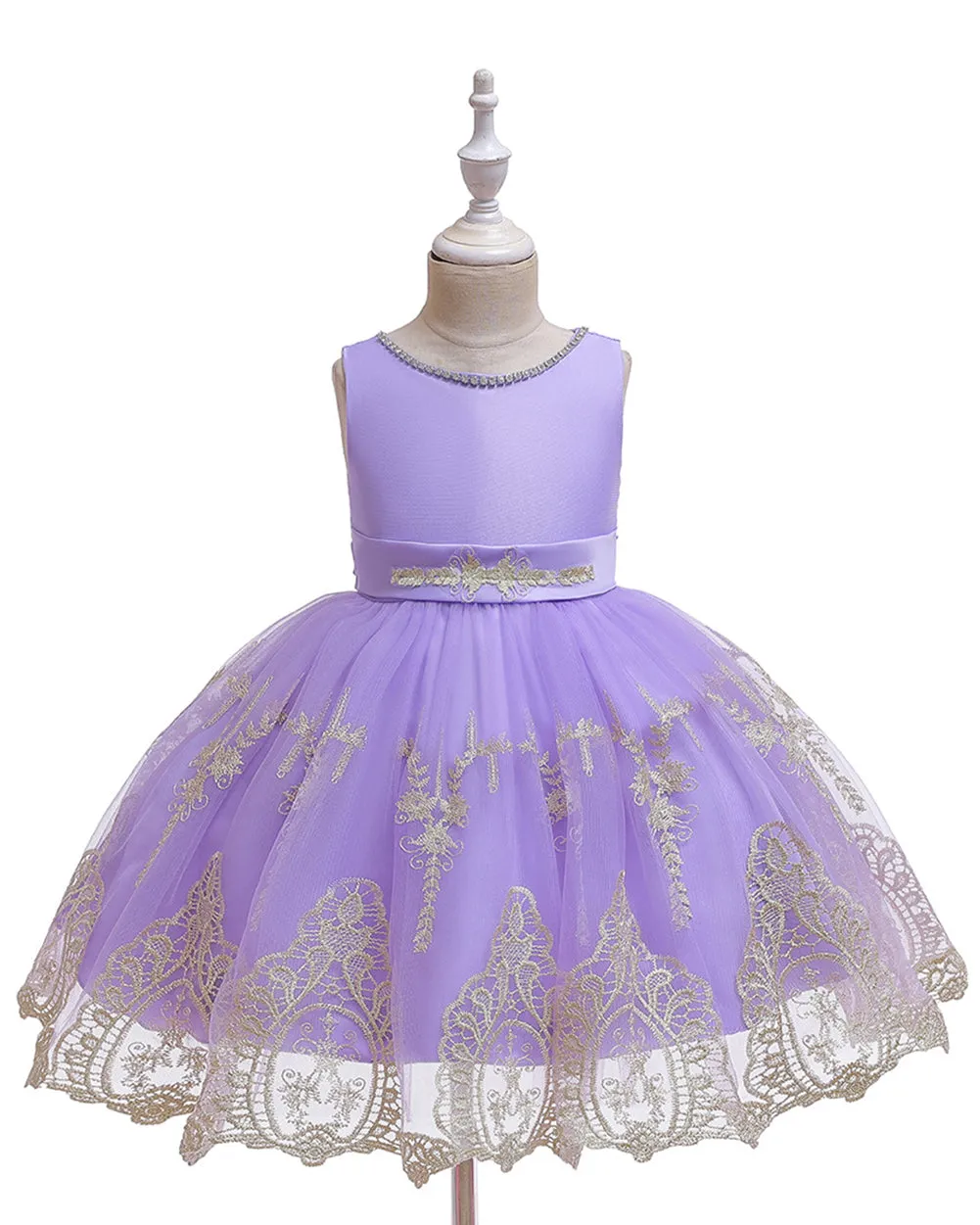 Girls Sleeveless Embroidered Wedding Dress Up Knee-length Pageant Dress