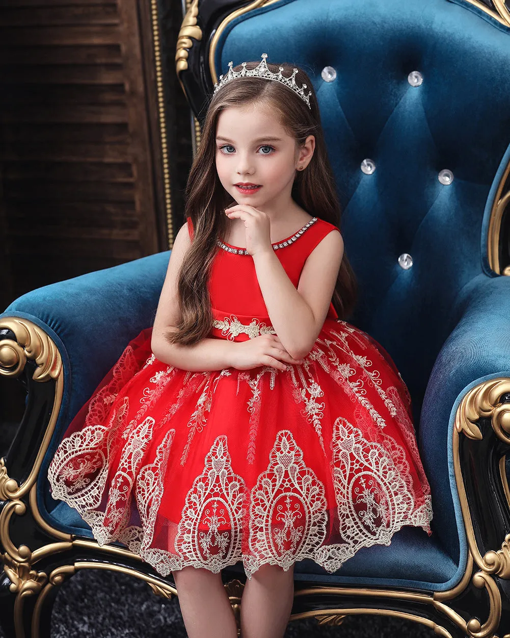 Girls Sleeveless Embroidered Wedding Dress Up Knee-length Pageant Dress