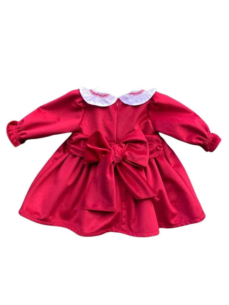 Girls Smocked Red Velvet Dress