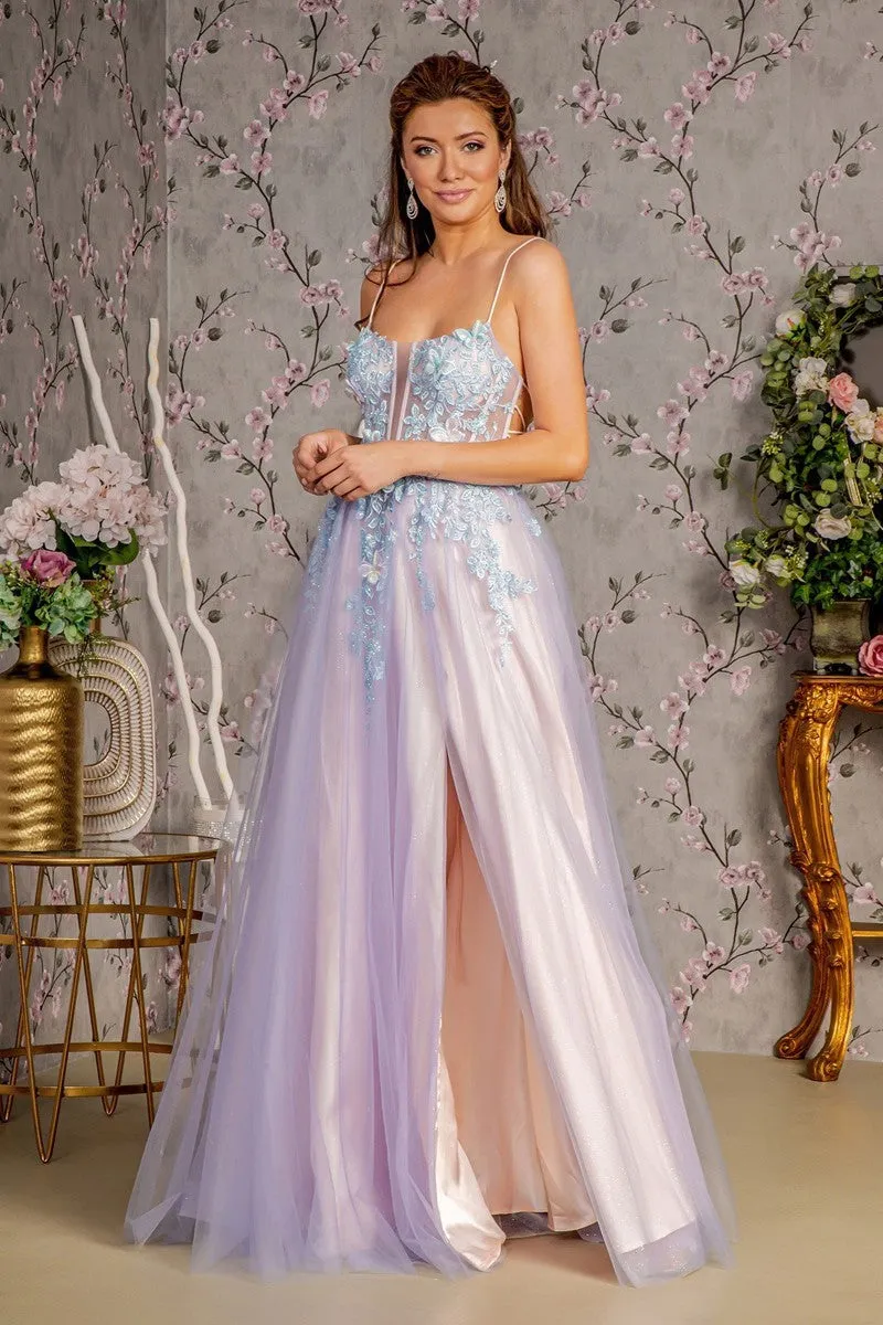 GL 3252 - 3D Butterfly & Floral Print A-Line Prom Gown with Sheer Corset Bodice Open Lace Up Back & Leg Slit