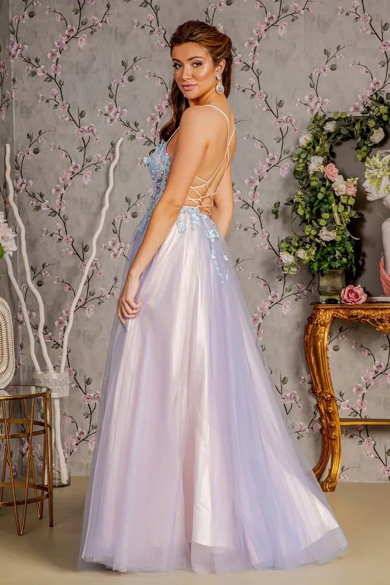 GL 3252 - 3D Butterfly & Floral Print A-Line Prom Gown with Sheer Corset Bodice Open Lace Up Back & Leg Slit