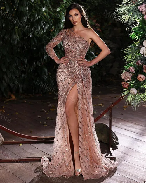 Glitter One Shoulder Long Prom Dresses Sequins Long Sleeves Evening