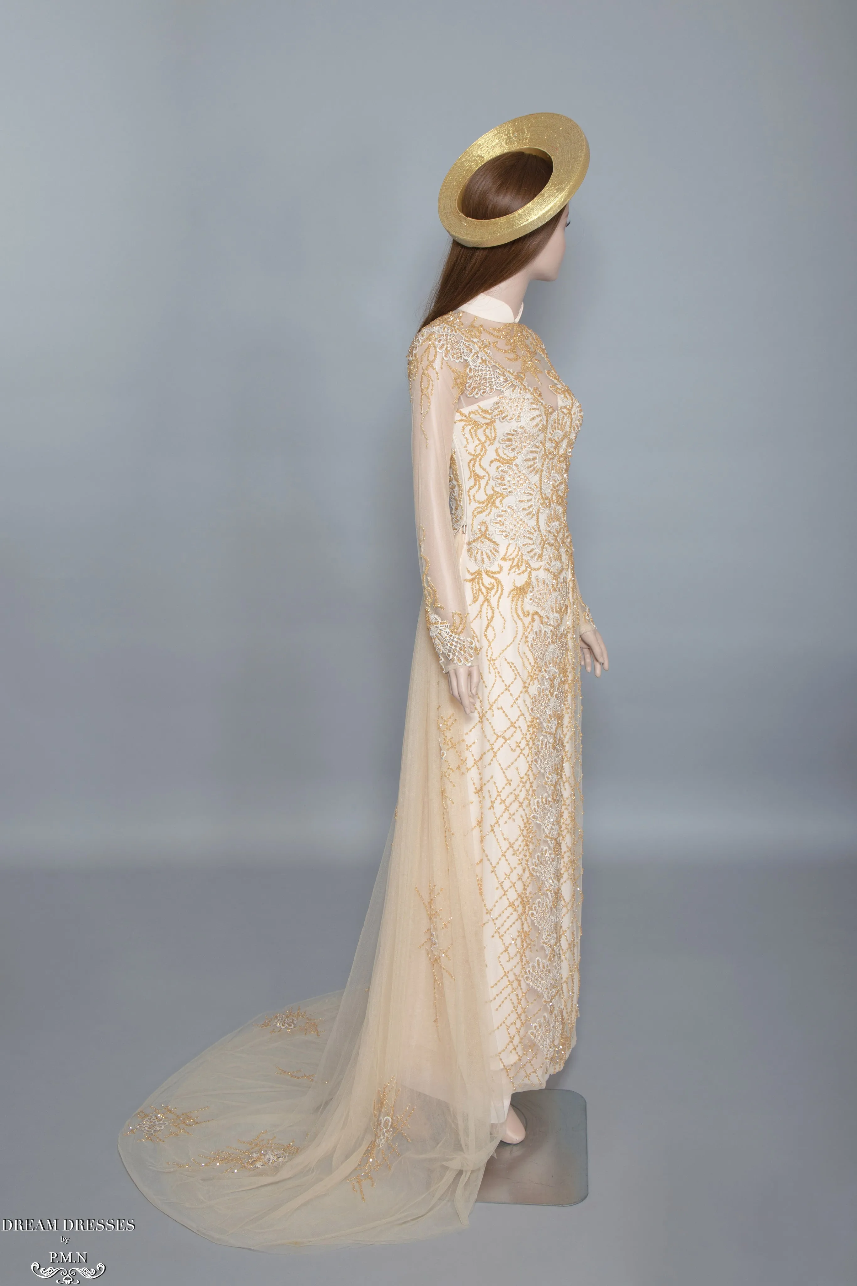 Gold Bridal Ao Dai | Vietnamese Bridal Dress with Embellishment (#HELGA)