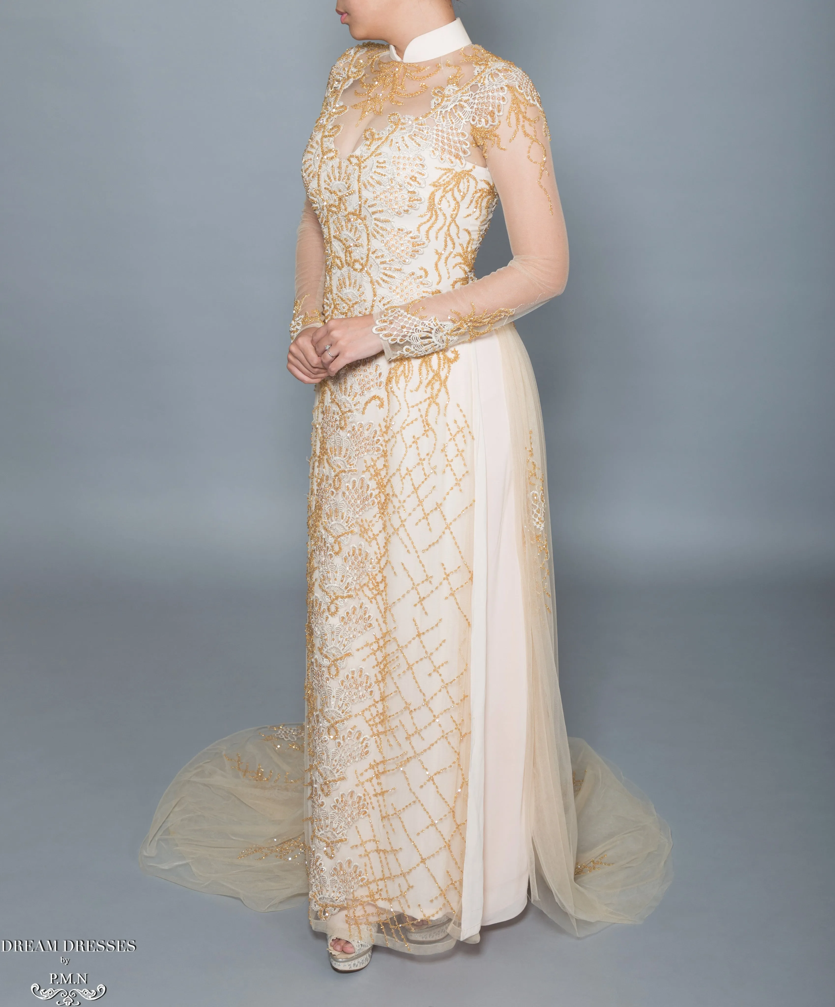 Gold Bridal Ao Dai | Vietnamese Bridal Dress with Embellishment (#HELGA)