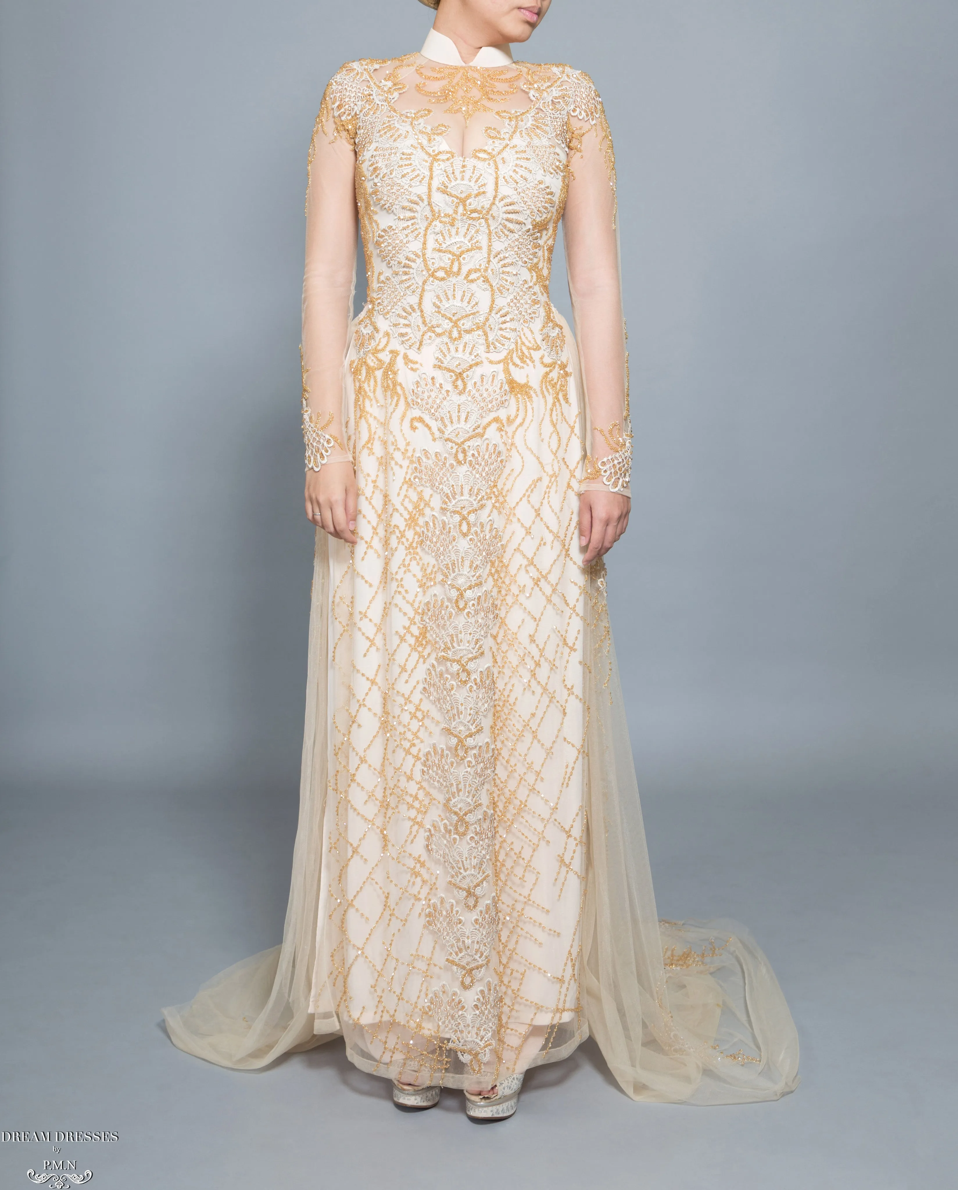 Gold Bridal Ao Dai | Vietnamese Bridal Dress with Embellishment (#HELGA)