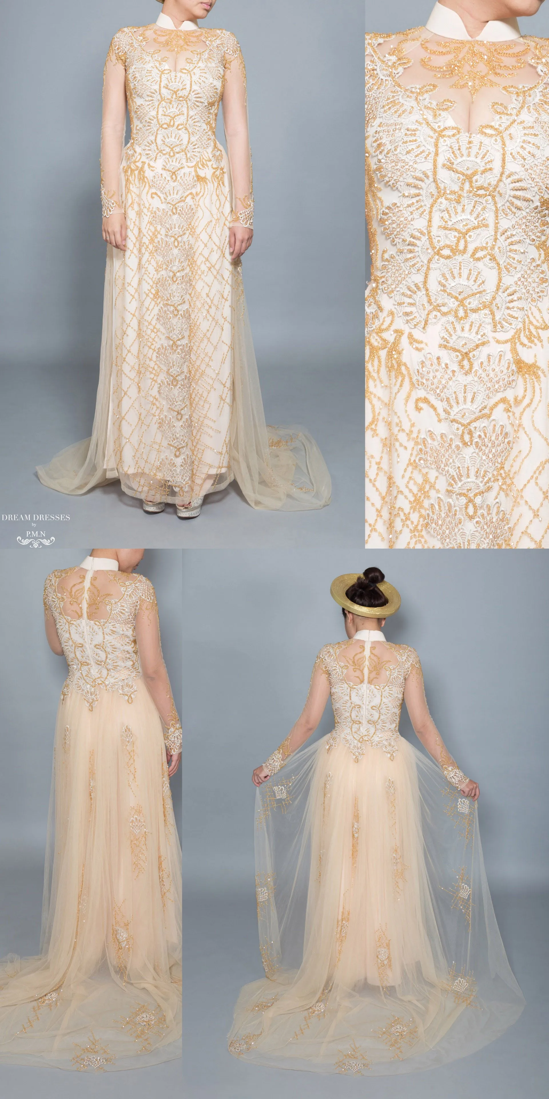 Gold Bridal Ao Dai | Vietnamese Bridal Dress with Embellishment (#HELGA)