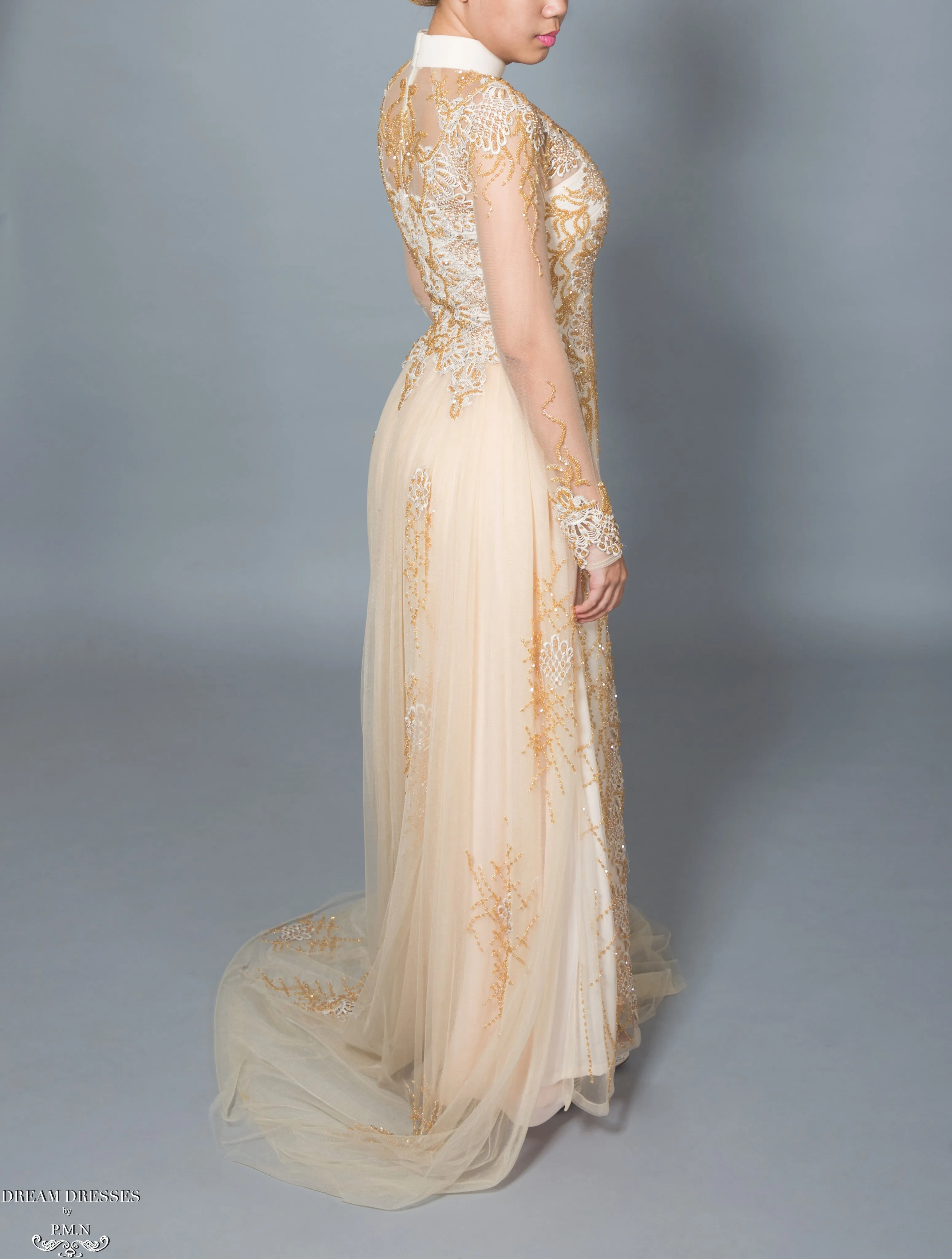 Gold Bridal Ao Dai | Vietnamese Bridal Dress with Embellishment (#HELGA)