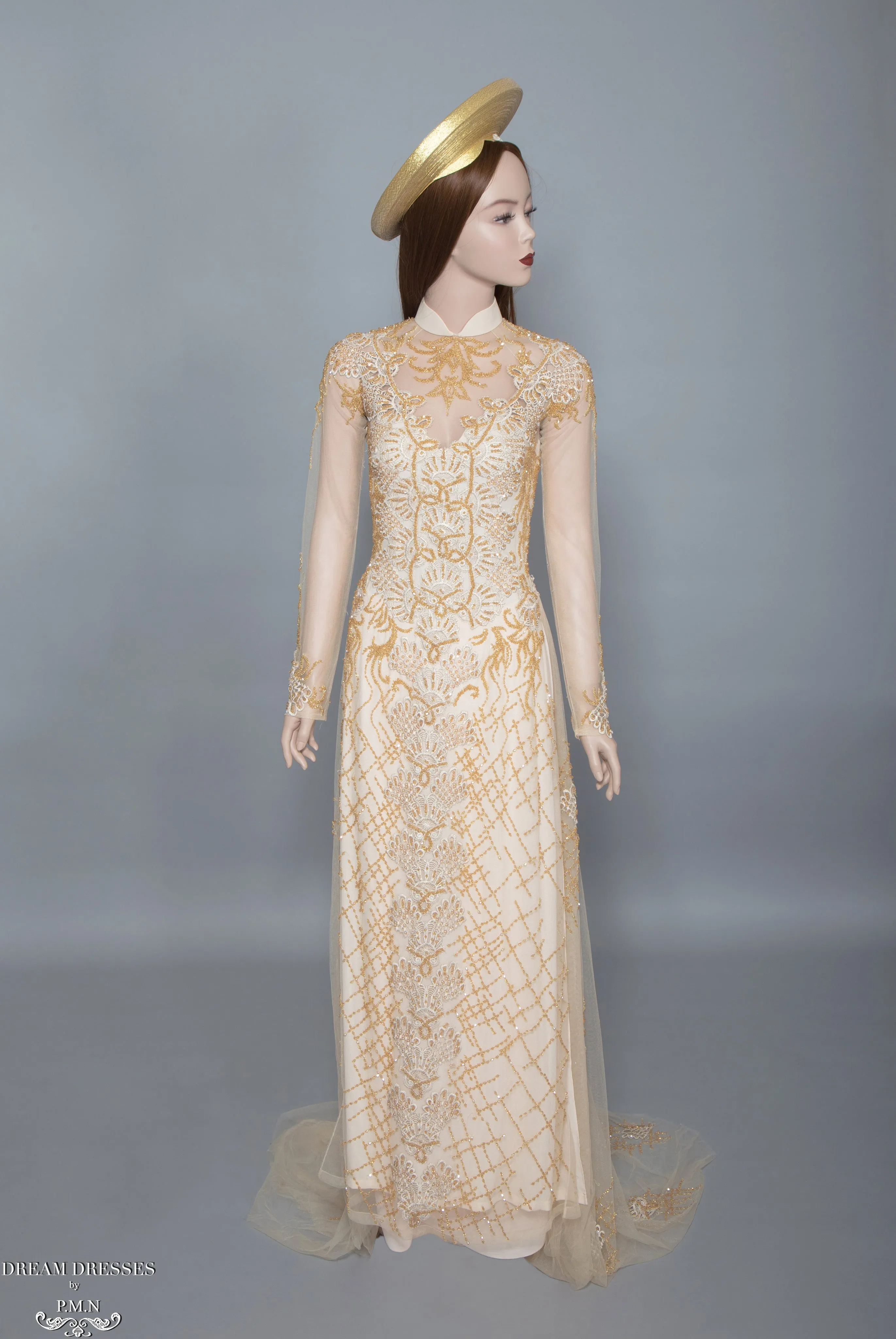 Gold Bridal Ao Dai | Vietnamese Bridal Dress with Embellishment (#HELGA)