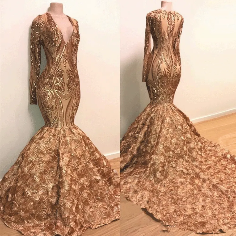 gold evening dresses long mermaid deep v neck sequin appliqué sparkly 3d flowers elegant evening gown