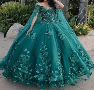 Gorgeous Off The Shoulder Dark Green Ball Gown with Flower Appliques