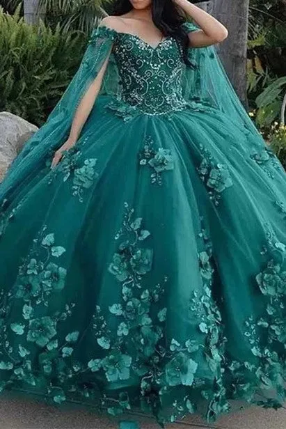 Gorgeous Off The Shoulder Dark Green Ball Gown with Flower Appliques