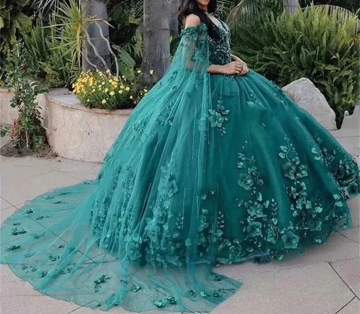 Gorgeous Off The Shoulder Dark Green Ball Gown with Flower Appliques