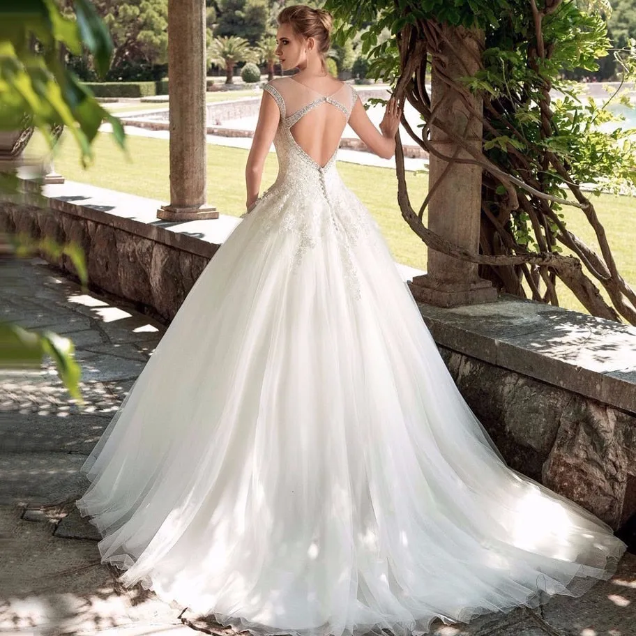 Gorgeous Scoop Cap Sleeves Wedding Dress In Soft Tulle And Beaded Free Shipping