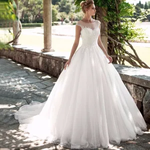 Gorgeous Scoop Cap Sleeves Wedding Dress In Soft Tulle And Beaded Free Shipping