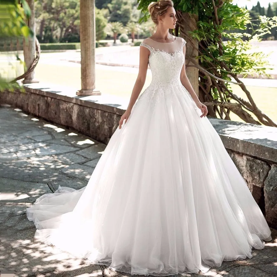 Gorgeous Scoop Cap Sleeves Wedding Dress In Soft Tulle And Beaded Free Shipping