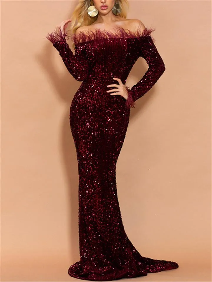Gorgeous Sequined Off Shoulder Sweep Train Dress for Evening Party