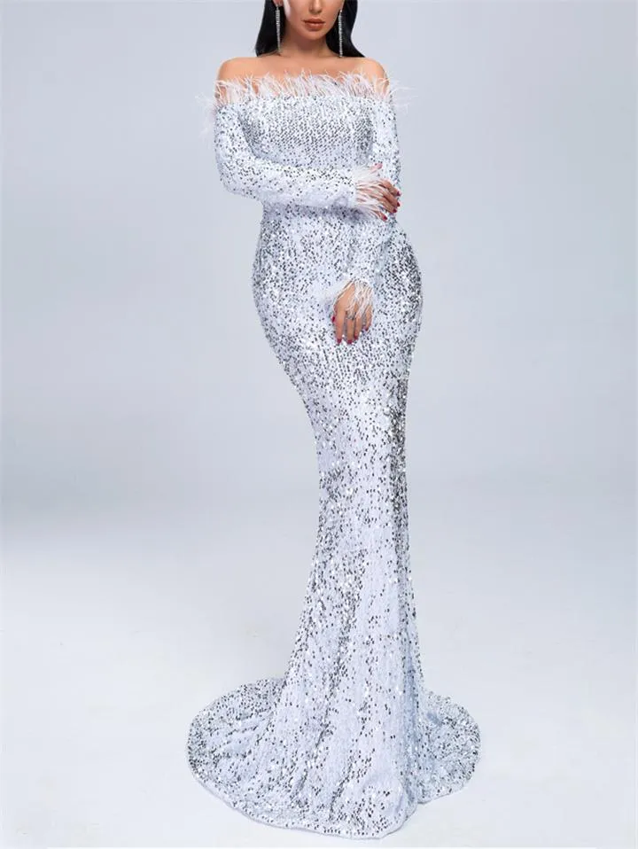 Gorgeous Sequined Off Shoulder Sweep Train Dress for Evening Party