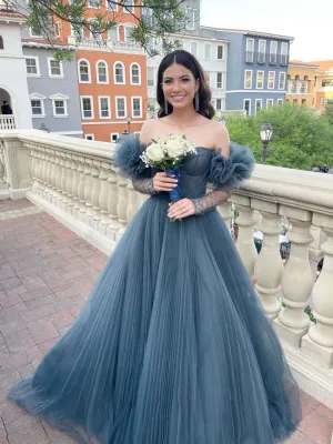Gray blue tulle long prom dress gray blue formal dress