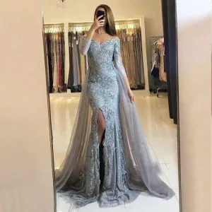 gray evening dresses long detachable skirt lace appliqué beaded elegant evening gowns vestido de festa de Longo