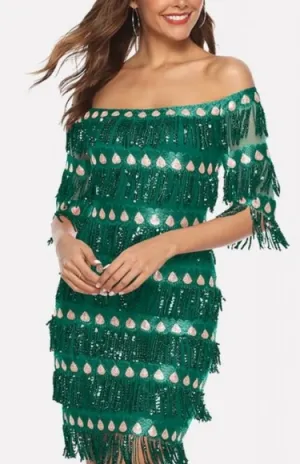 Green off Shoulder Half Sleeve Dress