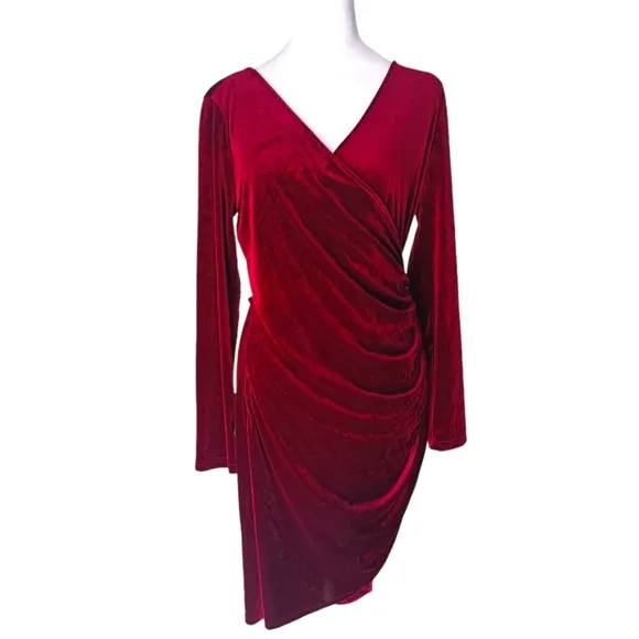 Guberry Rouch V-Neck Velvet Dress Wine/Red Stretch Angle Cut US Size Large