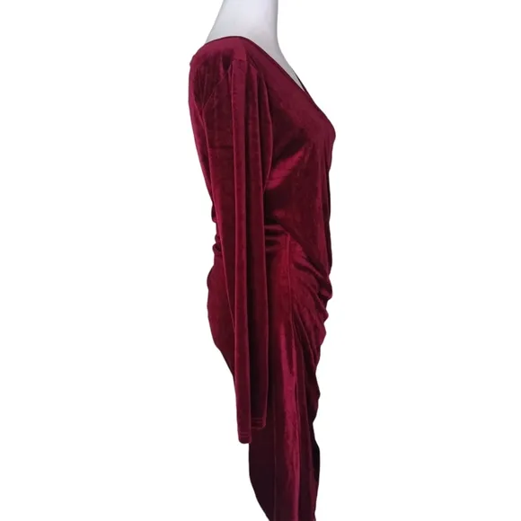 Guberry Rouch V-Neck Velvet Dress Wine/Red Stretch Angle Cut US Size Large
