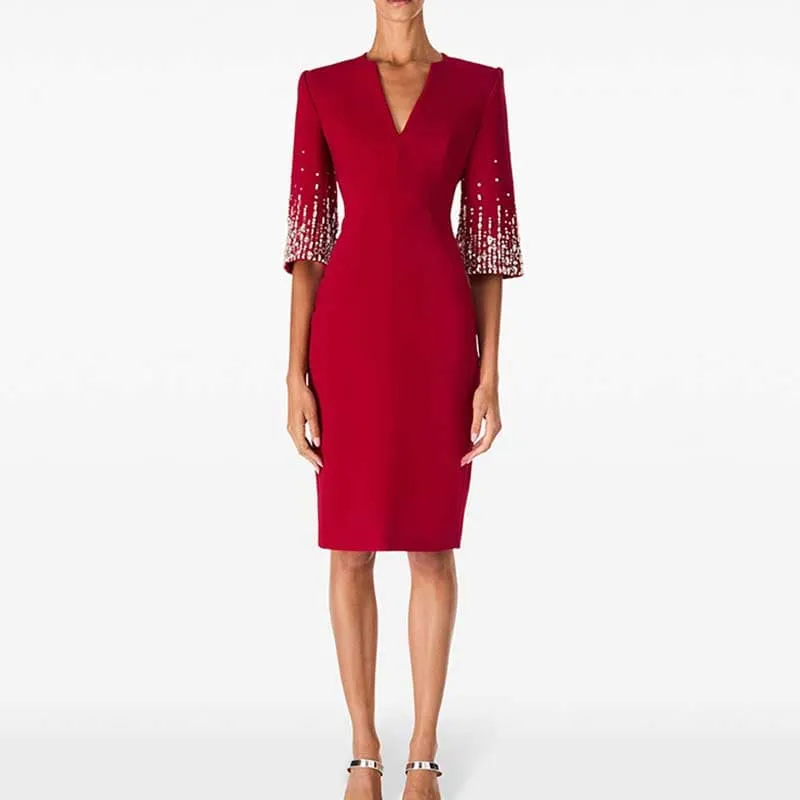 Half-Sleeves V-Neck Knee-Length Cocktail Dress Tailored Collarless Formal Dress