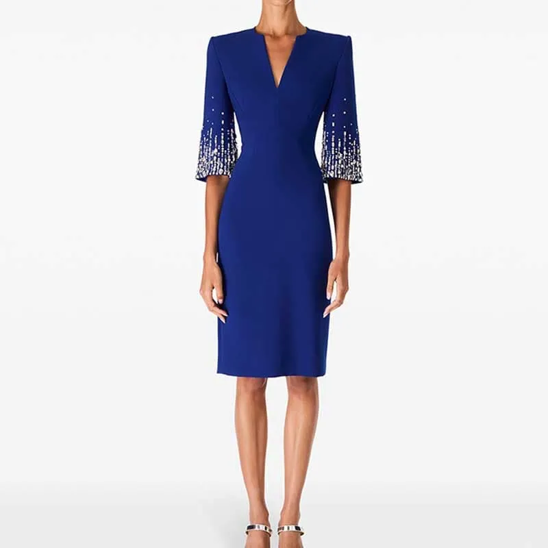 Half-Sleeves V-Neck Knee-Length Cocktail Dress Tailored Collarless Formal Dress