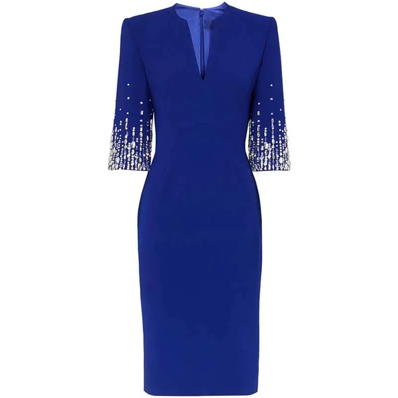 Half-Sleeves V-Neck Knee-Length Cocktail Dress Tailored Collarless Formal Dress