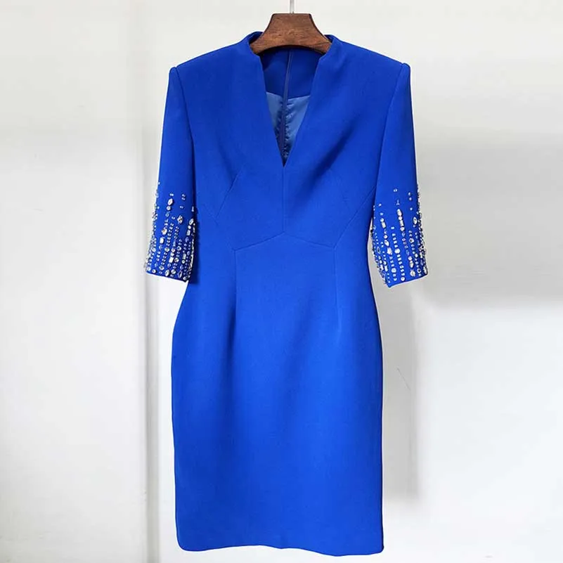 Half-Sleeves V-Neck Knee-Length Cocktail Dress Tailored Collarless Formal Dress