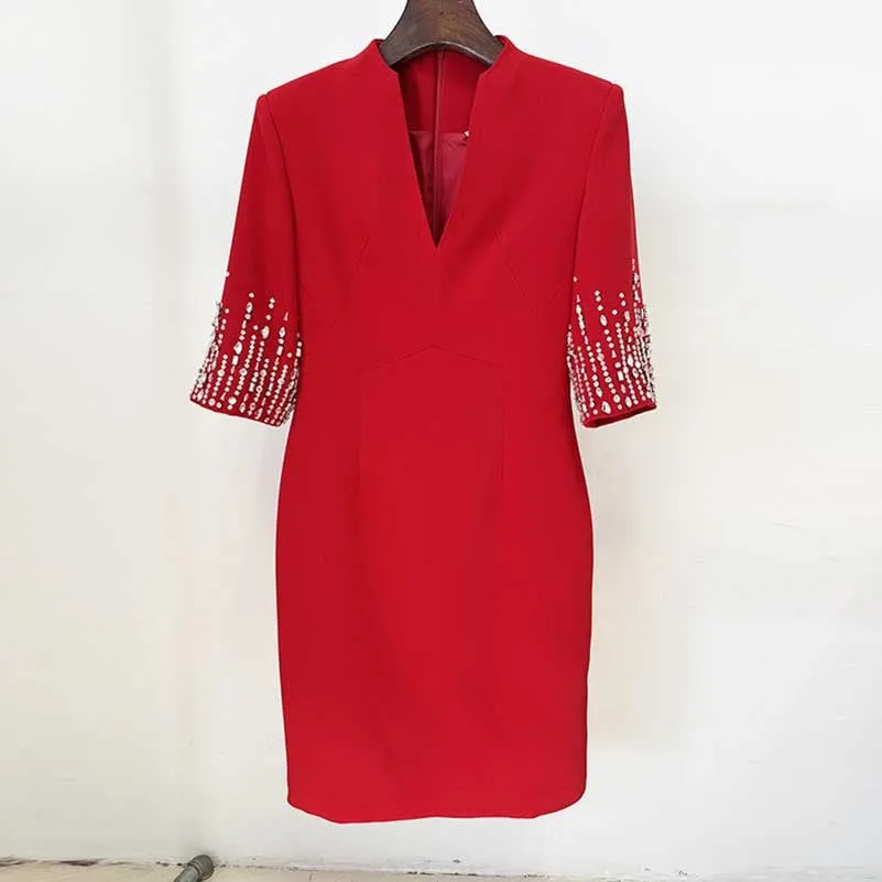Half-Sleeves V-Neck Knee-Length Cocktail Dress Tailored Collarless Formal Dress