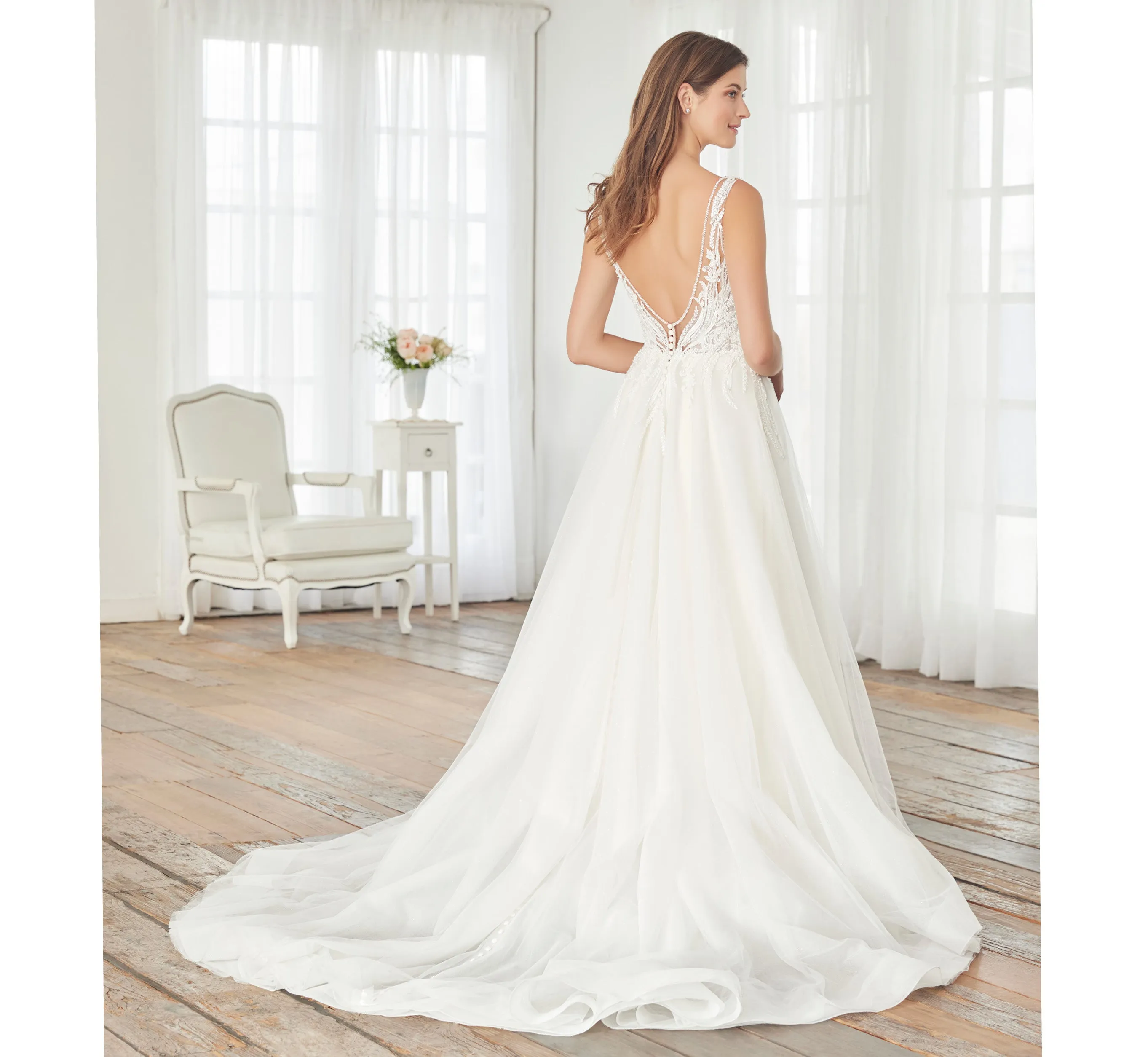 Hand-Beaded And Lace A-Line Gown In Ivory Ivory Nude