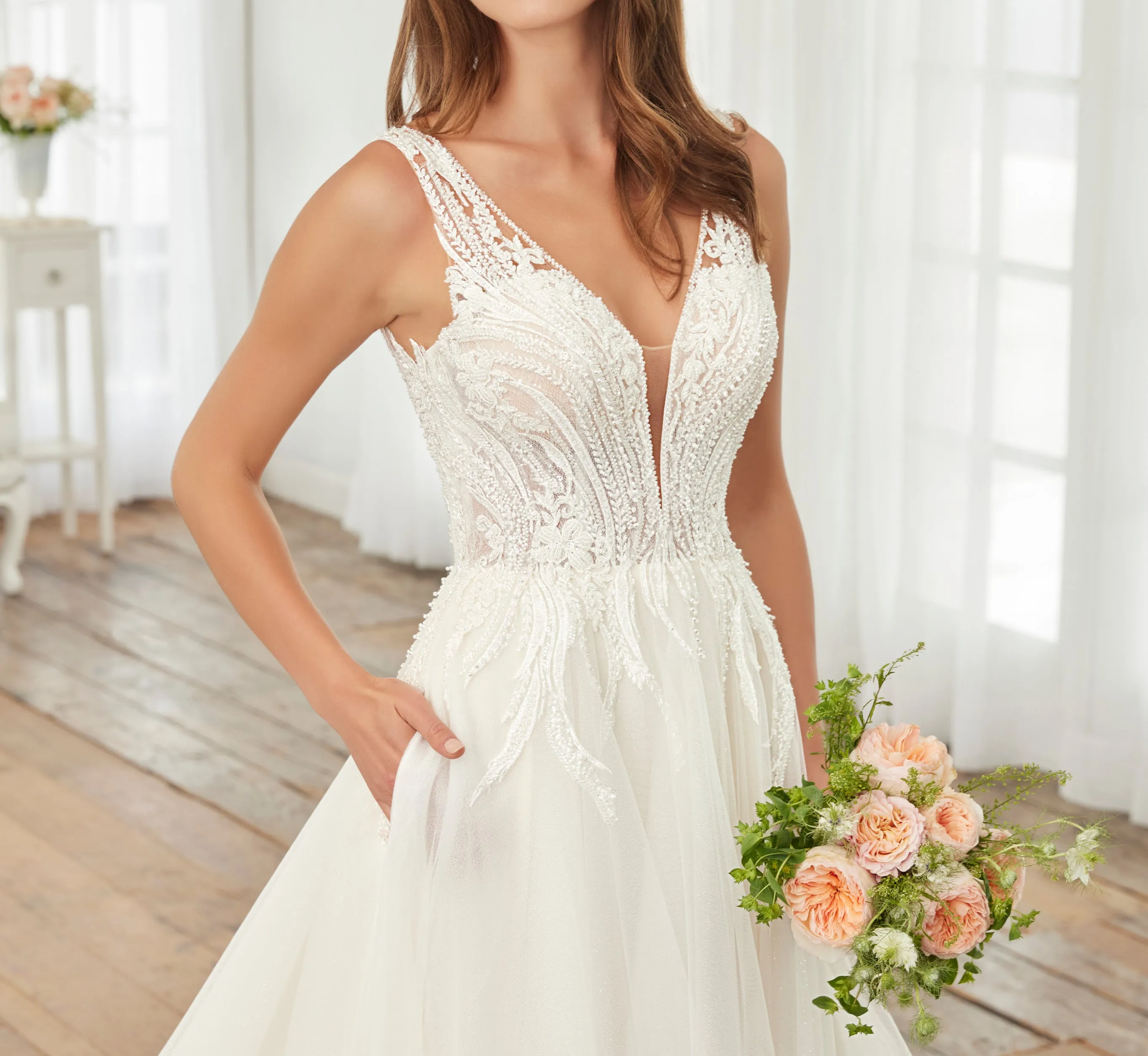 Hand-Beaded And Lace A-Line Gown In Ivory Ivory Nude