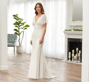 Hand-Beaded And Swiss Dot Fit-And-Flare Gown In Ivory Pearl